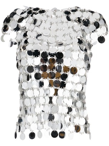 Rabanne - metallic-disks short-sleeved top - women - Polyester/Steel - 38 - Silver