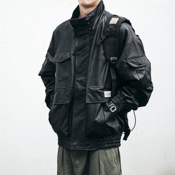 日潮工裝外套男春秋潮流寬松立領機車皮衣痞帥休閑百搭夾克情侶裝