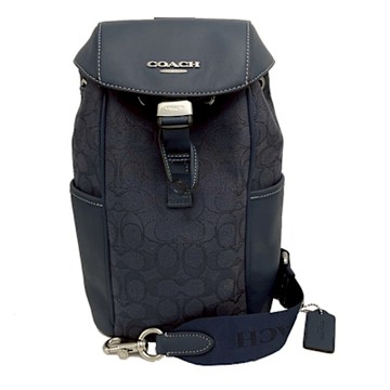 COACH 經典C LOGO釦環中性男款水桶單肩包(緹花織布-深藍)