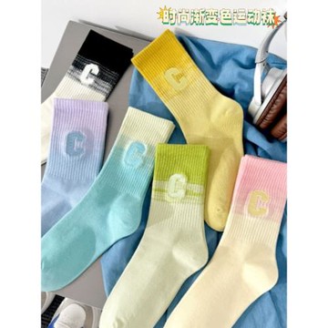 彩色襪子女春夏薄款防臭純棉長筒襪配鯊魚褲多巴胺跑步運動瑜伽襪