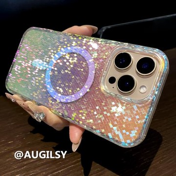 炫彩爆閃菱格紋高級感16proMax手機殼新蘋果15proMax磁吸適用14plus小眾女款iPhone13鐳射閃粉12保護套11潮牌