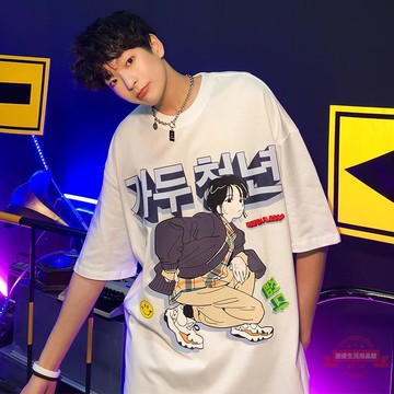 圓領短袖潮二次元落肩短袖情侶t恤男印花潮牌純棉潮流寬鬆百搭夏