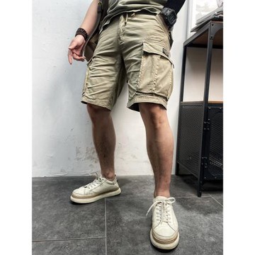 11611 夏季薄款美式復古松緊腰男士暗扣大口袋水洗棉工裝休閑短褲