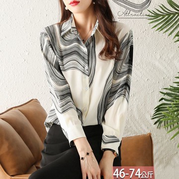 雪紡翻領黑白年輪印花襯衫 M-2XL【429049W】【現+預】-流行前線-