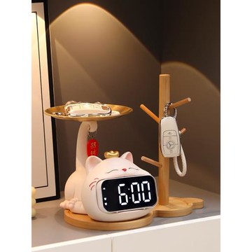 招財貓桌面時鐘擺件臺式智能電子數字靜音鐘表客廳玄關鑰匙收納