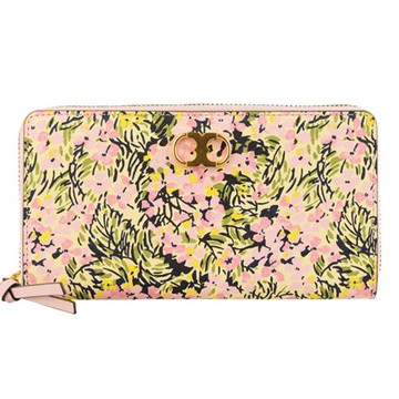【TORY BURCH】花卉皮革拉鏈長夾-粉