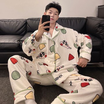 新款珊瑚絨睡衣男冬季加絨加厚保暖法蘭絨卡通男士外穿家居服套裝鑫弘-衣錦男裝