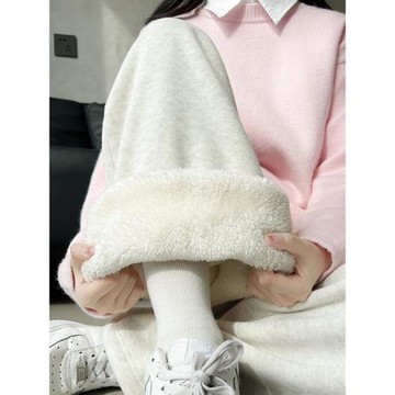 白色羊羔絨運動褲女秋季季寬松束腳保暖棉褲闊腿直筒休閑加絨衛褲