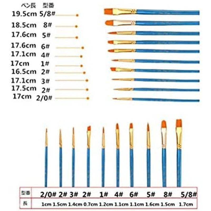 DFsucces 画材筆 ペイントセット ブラシ アクリル筆 水彩筆 油絵筆 画筆 丸筆 平型筆 平型円頭筆 短毛筆 10本セット（ブルー）