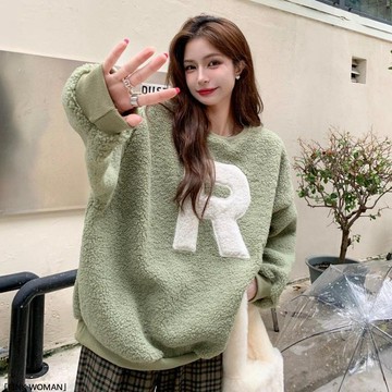羊羔絨衛衣女韓版圓領字母寬鬆大碼胖mm慵懶風長袖中長款衛衣女潮