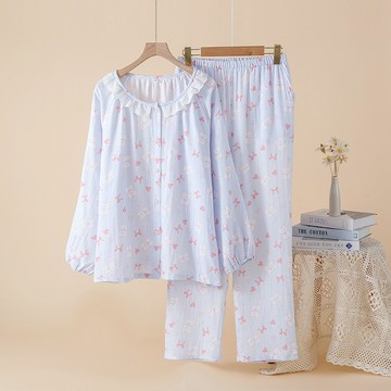 春夏款全棉紗布花邊領女款長袖套裝家居服柔軟甜美可外穿家居服