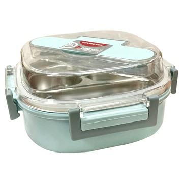 #304正方三格便當盒 530ml容量 PP塑料+304不鏽鋼+矽膠材質  顏色隨機  1個