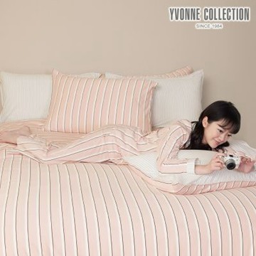 YVONNE 以旺傢飾 木屋條紋 雙人兩用被套+枕套組-香檳粉