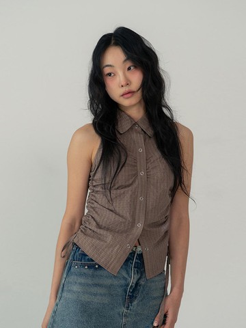SLEEVLESS SHIRRING SHIRTS [PINK YELLOW]