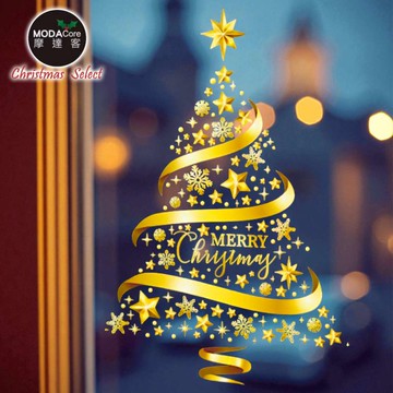 摩達客耶誕-金色5號緞帶聖誕樹-無痕窗貼玻璃靜電貼窗貼_廠商直送