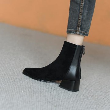 短靴女粗跟2025年冬季加絨靴子圓頭中跟瘦瘦靴黑色絨面及裸靴踝靴