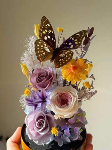 夢幻紫森林-大紫蛺蝶永生玻璃花盅。升遷/退休/教師節/入厝/畢業