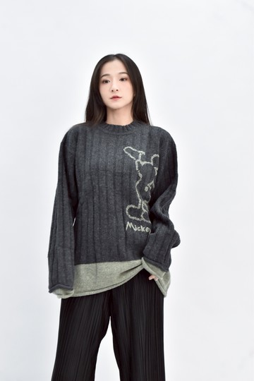(XL) mickey co 灰色羊毛米奇刺繡長袖毛衣