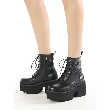 哥特靴女靴圓頭系帶8cm厚底防水臺超高跟時尚街拍鉚釘粗跟馬丁靴