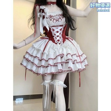 【甜美蓬蓬】洛麗塔吊帶裙 蕾絲裙 蛋糕裙 連衣裙 拼接設計 收腰顯瘦 荷葉邊裙襬 少女感ins風 約會派對穿搭