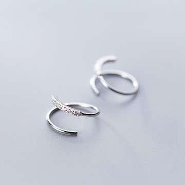福雅軒 s925銀螺旋耳環女韓版小清新單排鉆波浪短款耳圈線條耳飾