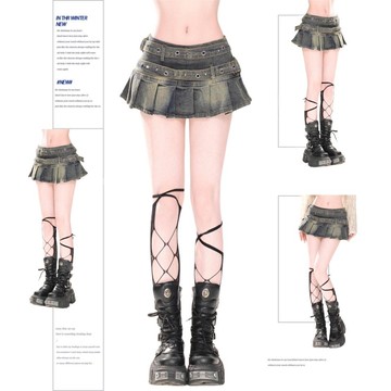 大美妞★現+貨 低腰短裙 牛仔短裙 百褶裙 牛仔裙子 美式辣妹牛仔半身裙女 a字短裙 顯瘦百褶裙 短裙