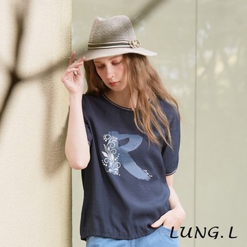 LUNG.L林佳樺 藍色R字母膠印短袖女裝上衣LQ09A50