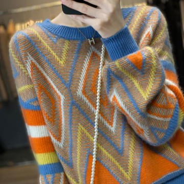 新款圓領100%羊毛衫女撞色菱形提花針織衫寬松慵懶羊絨衫外穿毛衣