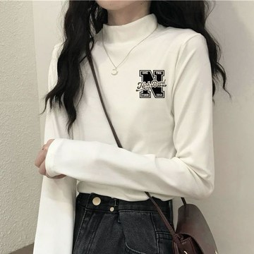 德絨打底衫女 加絨加厚長袖女 印花內搭女 秋冬長袖 半高領上衣 長袖T恤 保暖衣 秋衣上衣 打底衫女