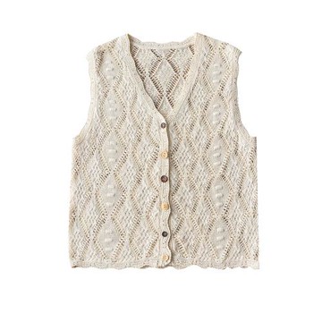 亞麻和紙紗~夏季薄款鏤空針織開衫無袖V領背心上衣女復古鉤花馬甲