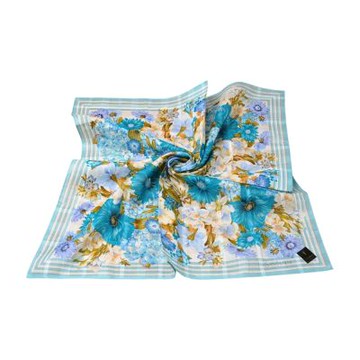 YSL Yves Saint Laurent 繁花滿境浪漫花園圖騰品牌字母LOGO帕領巾(水藍系/56CM)