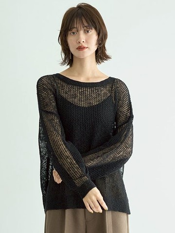慵懶感寬領網洞針織長袖上衣(07000874000) - YECCA VECCA