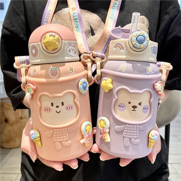 兒童帶吸管保溫水杯男女可愛杯子學生嬰兒幼兒園寶寶便攜斜跨水壺