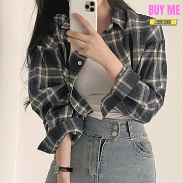 【復古顯瘦】短款襯衫 格子襯衫 韓繫上衣 露臍上衣 早秋女裝 翻領設計 短版剪裁 兩色可選 韓系chic穿搭