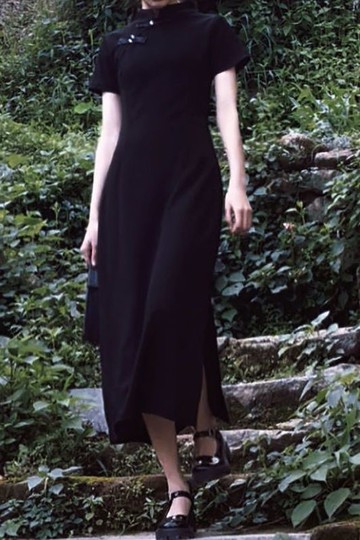 黑色旗袍年輕款高端氣質改良長款素雅少女首飾包袋復古民國風春夏款新款【聚宝屋】