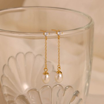 s925銀輕奢風長款鏈條珍珠耳釘耳環 媽媽禮物 母親節禮物