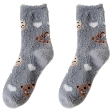 ROYALLIN 蘿林嚴選 女款 可愛造型仿貂絨襪 加厚款  灰色愛心小熊  F