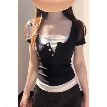 大碼微胖純欲風短袖正肩T恤女夏季胖MM顯瘦撞色假兩件蕾絲上衣011715