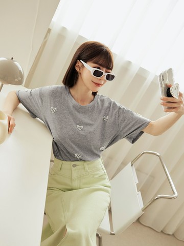 親膚純棉釘珠愛心寬鬆上衣