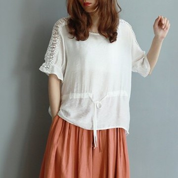 現貨+預購 短袖T恤圓領上衣-鏤空花邊抽繩收腰女打底衫4色73sy12【獨家進口】【米蘭精品】