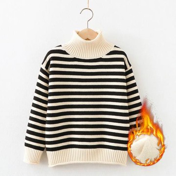女童半高領毛衣秋冬2025新款兒童套頭加絨加厚打底衫大童條紋上衣