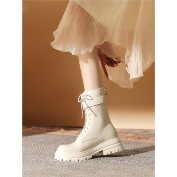 海倫館白色真皮馬丁靴女款2025新款靴子春季短靴夏季薄款厚底女靴