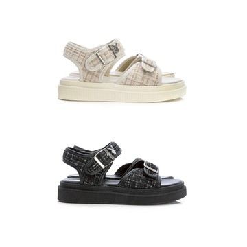 PLAYBOY 優雅知性 毛呢寬帶厚底涼鞋-白/黑(PY0069)