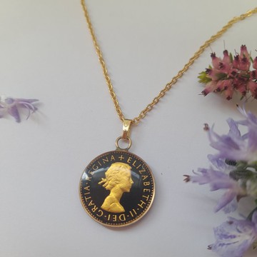 1964年英國六便士錢幣鍍金琺瑯烤漆項鍊