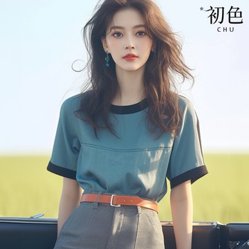 初色 休閒拼接素色簡約圓領短袖T恤上衣女上衣-藍色-35882(M-2XL可選)