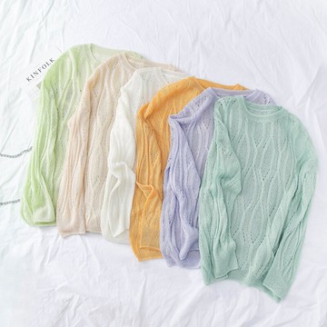 2021秋季馬海毛亮絲鏤空針織衫女套頭薄款寬松百搭上衣慵懶風罩衫