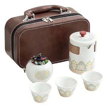Mass 生活好物 高級感輕便旅行茶具組 茶韻  茶壺 + 茶杯 + 茶罐 + 棕皮包  1套  白色