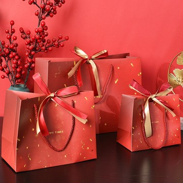 【台灣現貨】紅色喜慶禮品袋 紙袋 禮袋 喜糖包裝袋 回禮袋 禮物袋 年貨大禮包 贈絲帶 包裝袋 禮品袋 尾牙禮包
