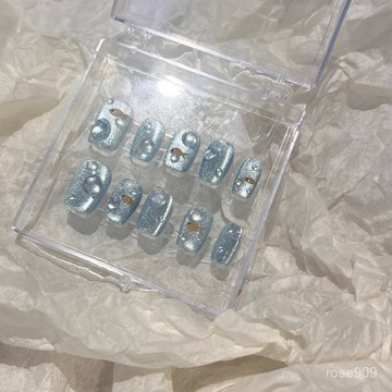 ✨Hannah✨蘇西手工小魚藍色貓眼顯白in’s立體夏日顯白夏天簡約穿戴甲短款純手工穿戴甲 E7Z5