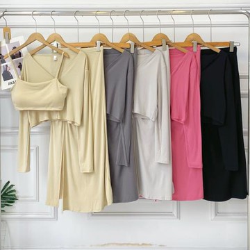 時尚性感吊帶背心+高腰顯瘦褶皺開叉包臀半身裙+外套開衫三件套